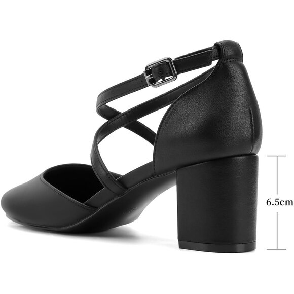 Women's Black Faux Suede Round Toe Cross Strap Low Block Heeled Dress Pumps - Picture 3 of 6